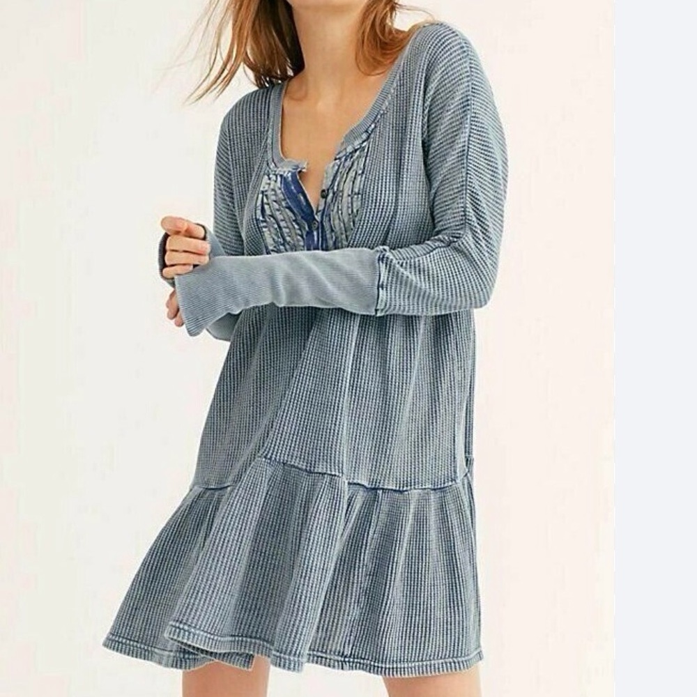 FREE PEOPLE Cotton Waffle Weave Pintucks Tiered Henley Tunic Mini Dress